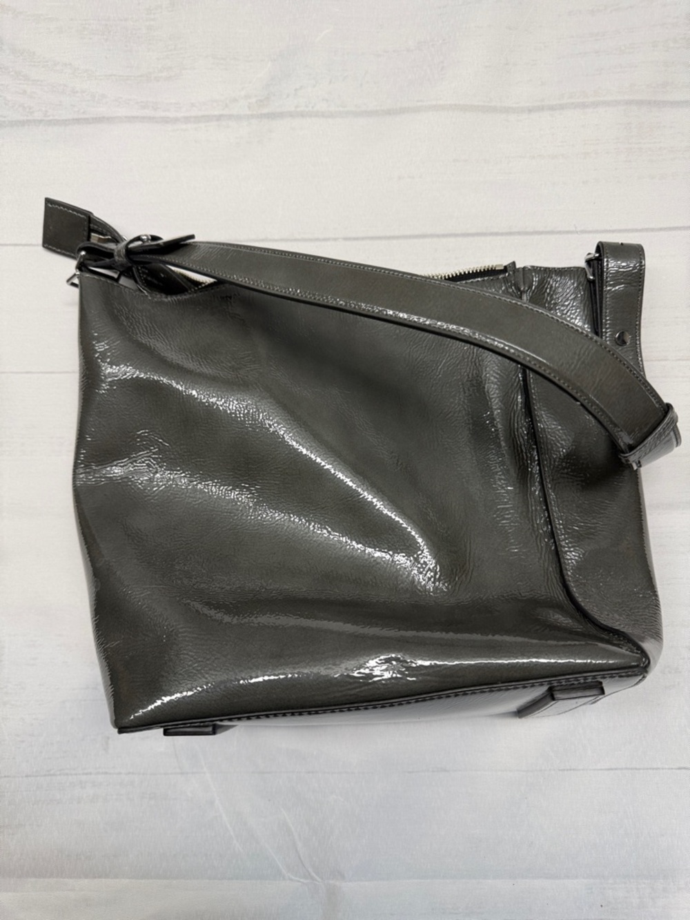 All Saints Kita Ash Gray Patent Leather Shoulder Bag Purse - Picture 8 of 10